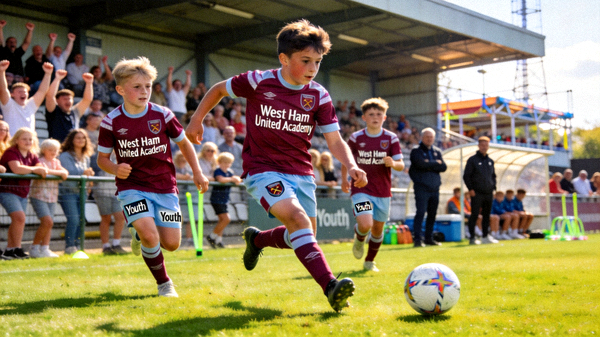 西汉姆联青训营小球员在比赛中拼搏，充满朝气